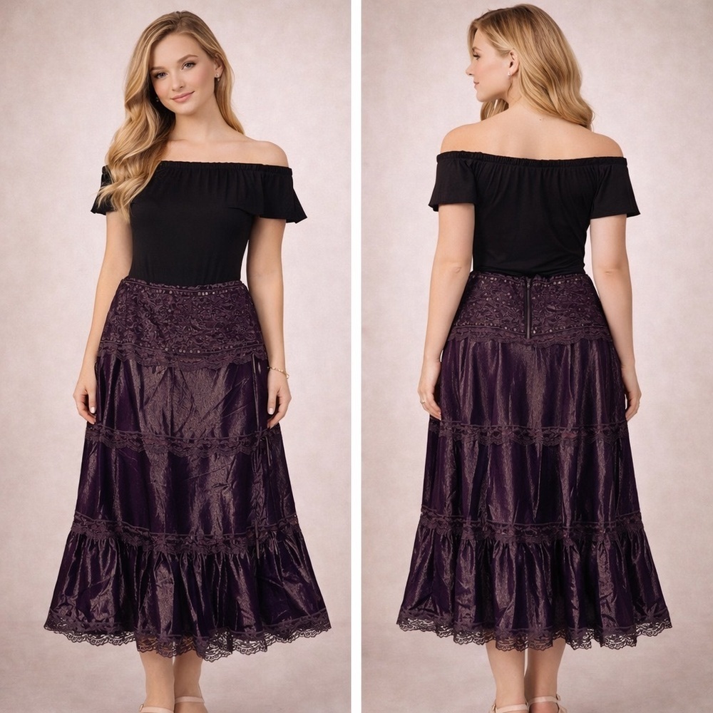 Aziz Knee Length Brown Skirt With Ribbon & Lace Design Size M